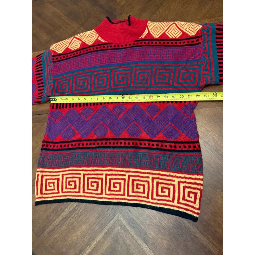 Vintage Michael Carrie Geometric Greek Key Knit Sweater Red Multi Color Mens M